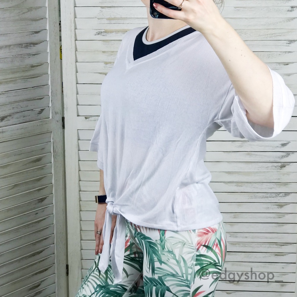Tie Front Ribbed V-Neck Tee - Picture 1 of 6